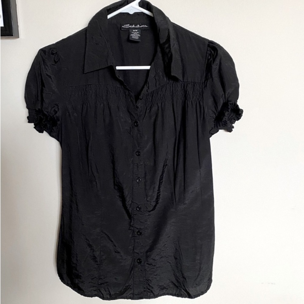 Black button up blouse with short puff sleeves